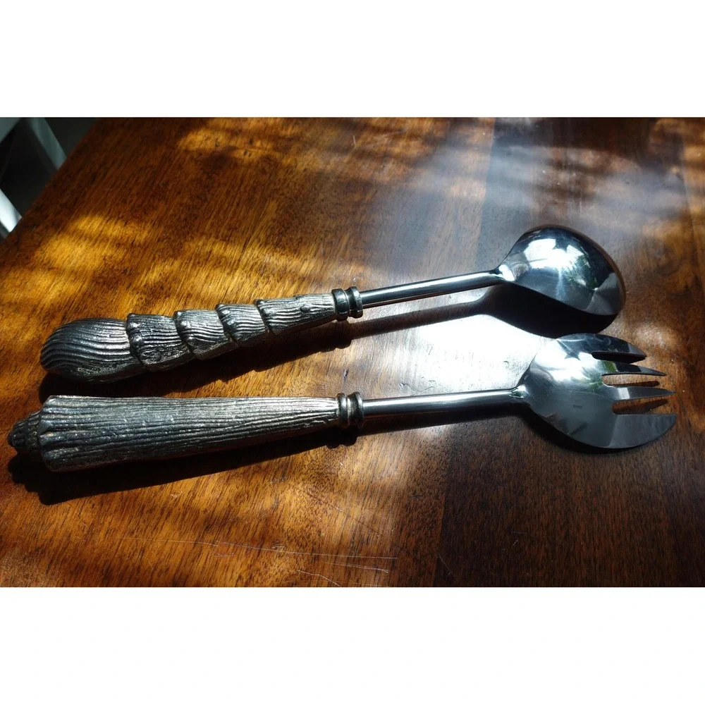 Vintage Seashell Salad Serving Spoon and Fork‎ Set Silver 13 Inch